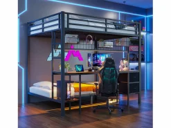 New Litera con escritorio, cajones y estantes, estructura de metal, LED de 7 colores, USB, color blanco (204 x 145 x 180 cm) Negro