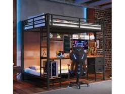 New Litera con escritorio, cajones y estantes, estructura de metal, LED de 7 colores, USB, color blanco (204 x 145 x 180 cm) Negro