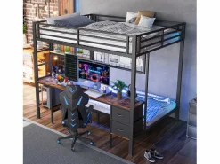 New Litera con escritorio, cajones y estantes, estructura de metal, LED de 7 colores, USB, color blanco (204 x 145 x 180 cm) Negro