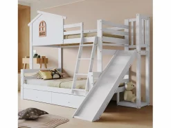New Litera con ventanas decorativas, escalera inclinada de 4 peldaños y tobogán, estructura de madera maciza, con cajones, color (247 x 163,5 x 189 cm) Cama Litera