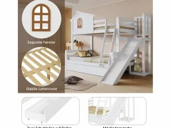 New Litera con ventanas decorativas, escalera inclinada de 4 peldaños y tobogán, estructura de madera maciza, con cajones, color (247 x 163,5 x 189 cm) Cama Litera