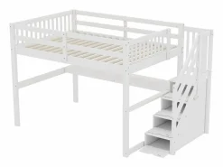 Litera de 90x200 cm + 140x200 cm con barandilla, cajones y escritorio bajo la cama, diseño moderno, pino, (255x237,5x150 cm)
