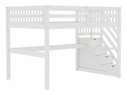 Litera de 90x200 cm + 140x200 cm con barandilla, cajones y escritorio bajo la cama, diseño moderno, pino, (255x237,5x150 cm)
