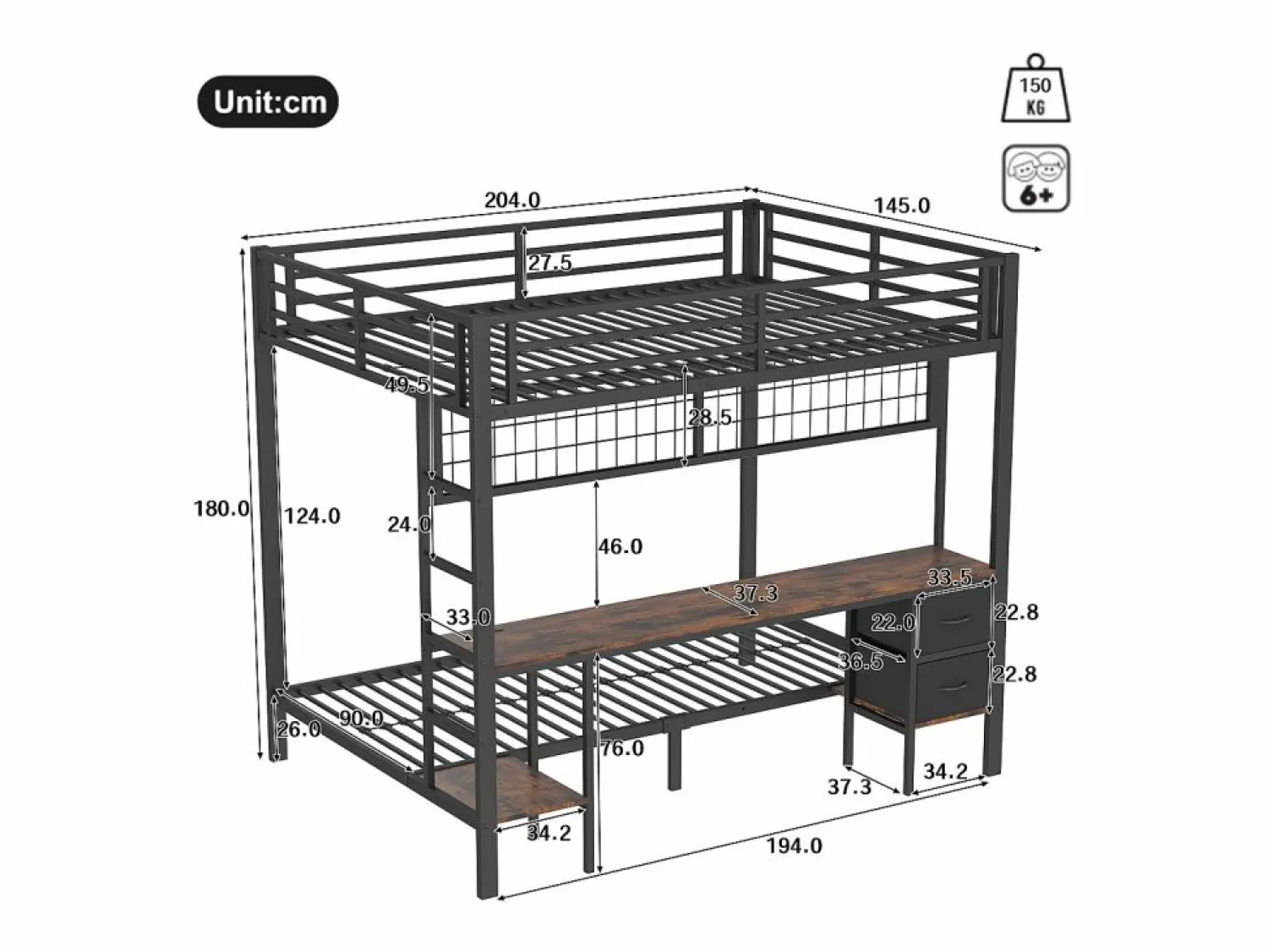 Hauss Spole Litera de 90x200 cm y 140x200 cm con 2 cajones, escritorio, LED y puertos USB, negra