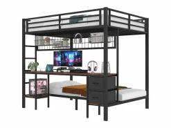Hauss Spole Litera de 90x200 cm y 140x200 cm con 2 cajones, escritorio, LED y puertos USB, negra