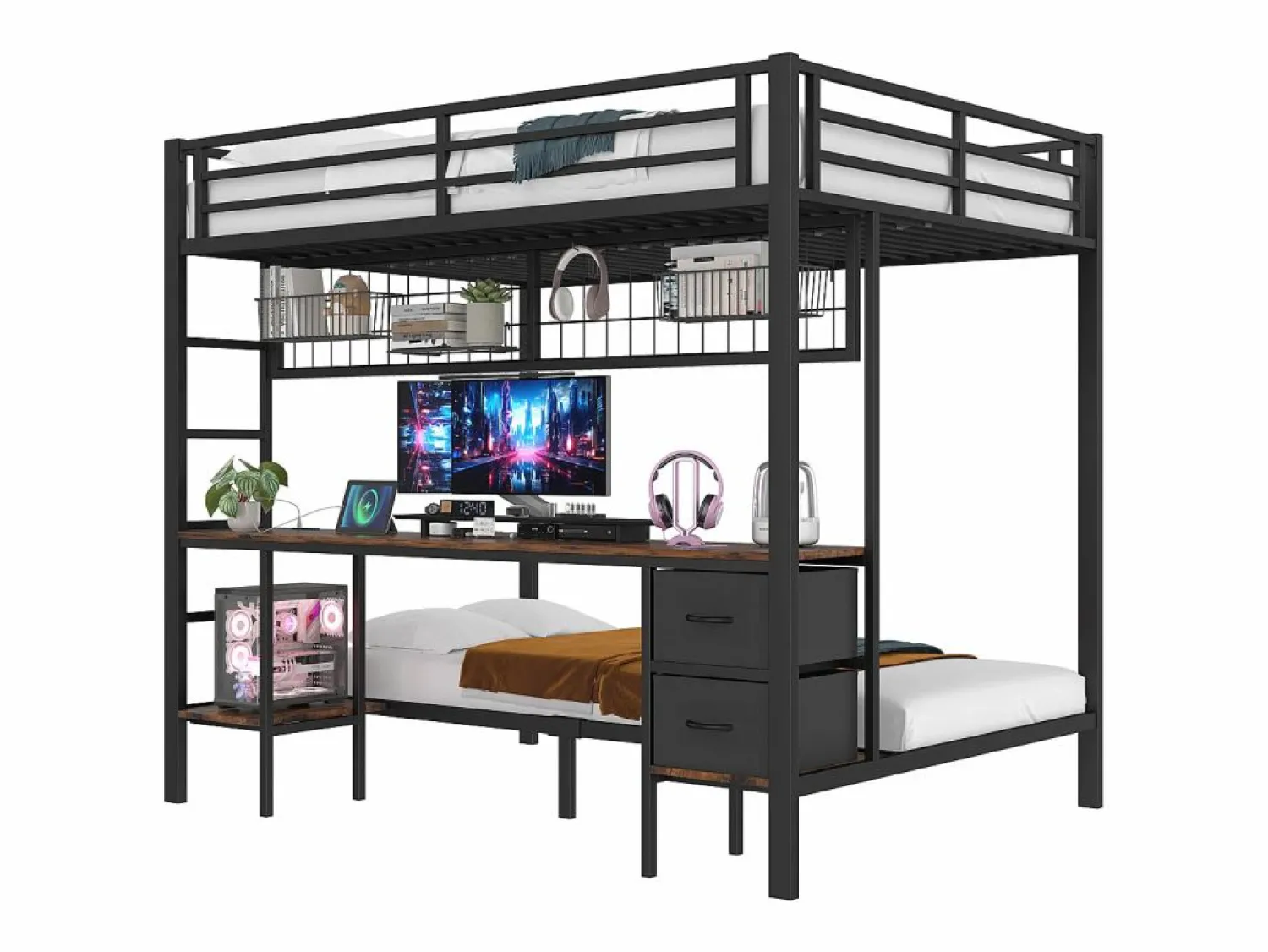 Hauss Spole Litera de 90x200 cm y 140x200 cm con 2 cajones, escritorio, LED y puertos USB, negra