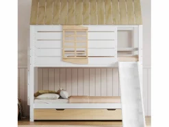 Merax Litera en forma de casa - 2 x 90 x 200 cm - con tobogán + cama nido 90 x 190 cm - MDF + madera - y natural