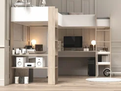 Outlet Vente-unique Litera en forma de L 2 x 90 x 200 cm con almacenamiento y escritorios blanco y natural - LASCANO Color natural claro / Blanco