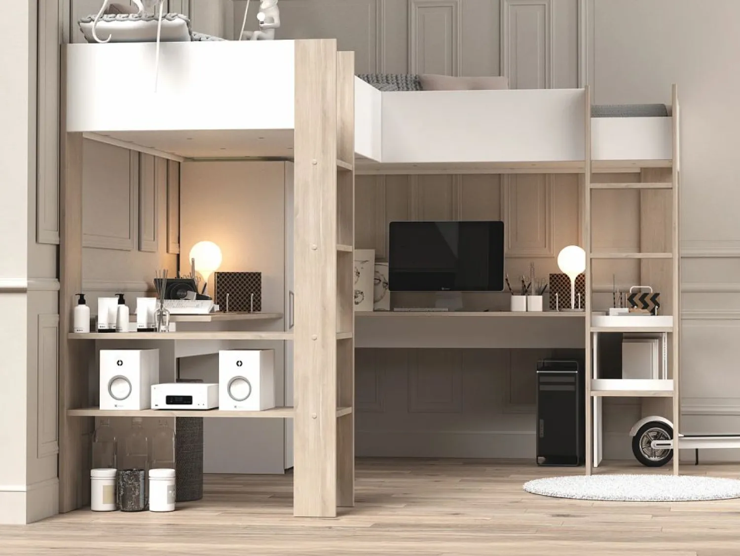 Outlet Vente-unique Litera en forma de L 2 x 90 x 200 cm con almacenamiento y escritorios blanco y natural - LASCANO Color natural claro / Blanco