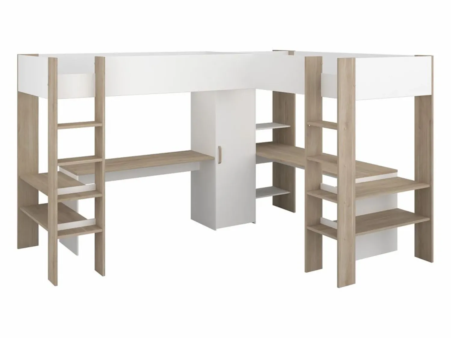 Outlet Vente-unique Litera en forma de L 2 x 90 x 200 cm con almacenamiento y escritorios blanco y natural - LASCANO Color natural claro / Blanco