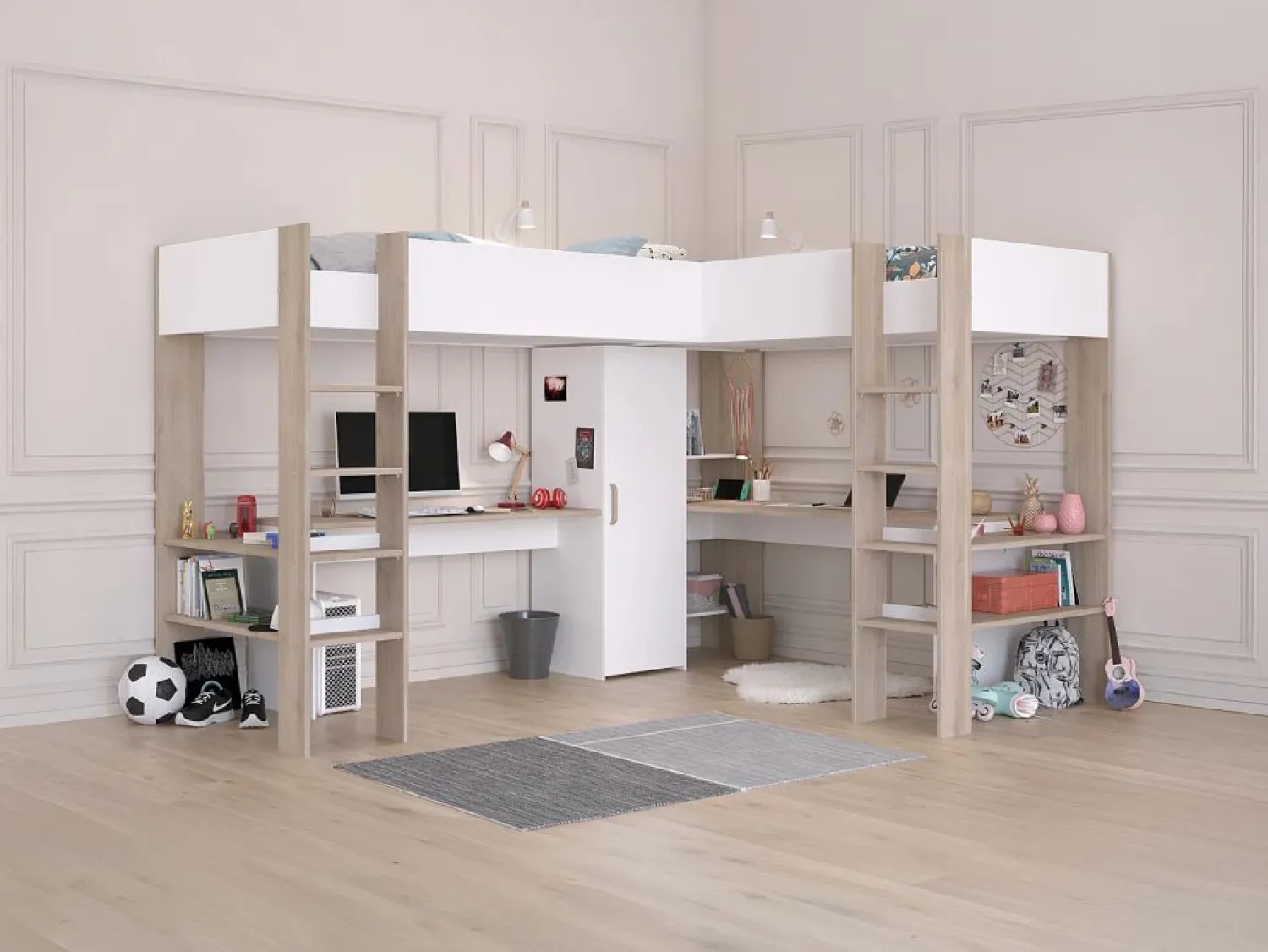 Outlet Vente-unique Litera en forma de L 2 x 90 x 200 cm con almacenamiento y escritorios blanco y natural - LASCANO Color natural claro / Blanco