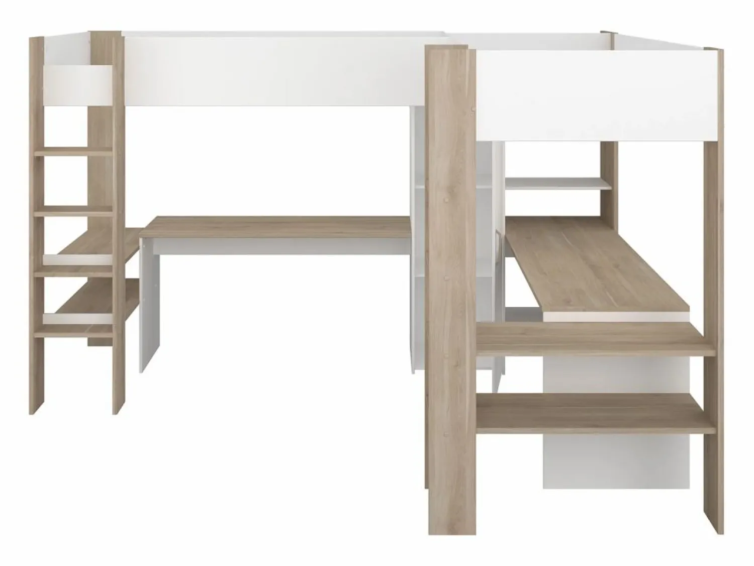 Outlet Vente-unique Litera en forma de L 2 x 90 x 200 cm con almacenamiento y escritorios blanco y natural - LASCANO Color natural claro / Blanco