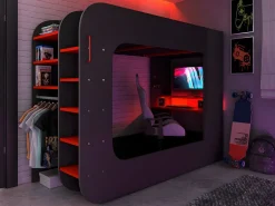 Vente-unique Litera gamer 90 x 200 cm con escritorio LEDs Antracita y rojo con colchón WARRIOR