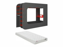 Vente-unique Litera gamer 90 x 200 cm con escritorio LEDs Antracita y rojo con colchón WARRIOR