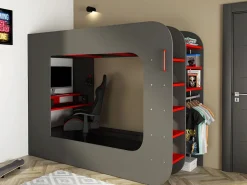 Vente-unique Litera gamer 90 x 200 cm con escritorio LEDs Antracita y rojo con colchón WARRIOR