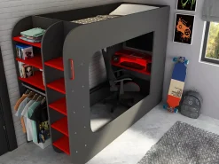 Vente-unique Litera gamer 90 x 200 cm escritorio y compartimentos LEDs Antracita y rojo WARRIOR