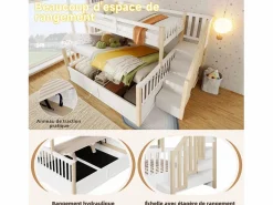 Hot Merax Litera infantil - 90 x 200 cm + 140 x 200 cm - con almacenaje hidráulico y escalera de almacenaje - madera - blanco + natural Color natural claro