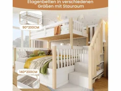 Hot Merax Litera infantil - 90 x 200 cm + 140 x 200 cm - con almacenaje hidráulico y escalera de almacenaje - madera - blanco + natural Color natural claro