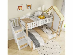 Hot Litera infantil - 90 x 200 cm + 140 x 200 cm - con escalera de almacenaje + 2 cajones - madera - blanco + natural Cama Litera