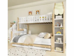 Hot Litera infantil - 90 x 200 cm + 140 x 200 cm - con escalera de almacenaje + 2 cajones - madera - blanco + natural Cama Litera