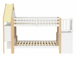 Hot Litera infantil - 90 x 200 cm + 140 x 200 cm - con escalera de almacenaje + 2 cajones - madera - blanco + natural Cama Litera