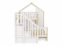 Hot Litera infantil - 90 x 200 cm + 140 x 200 cm - con escalera de almacenaje + 2 cajones - madera - blanco + natural Cama Litera