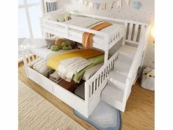 Merax Litera infantil - 90 x 200 cm + 140 x 200 cm - con almacenaje hidráulico y escalera de almacenaje - madera - Blanco
