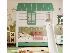 Online Merax Litera infantil - 2 x 90 x 200 cm + 90 x 190 cm - con tobogán + cama nido - MDF + pino - Verde