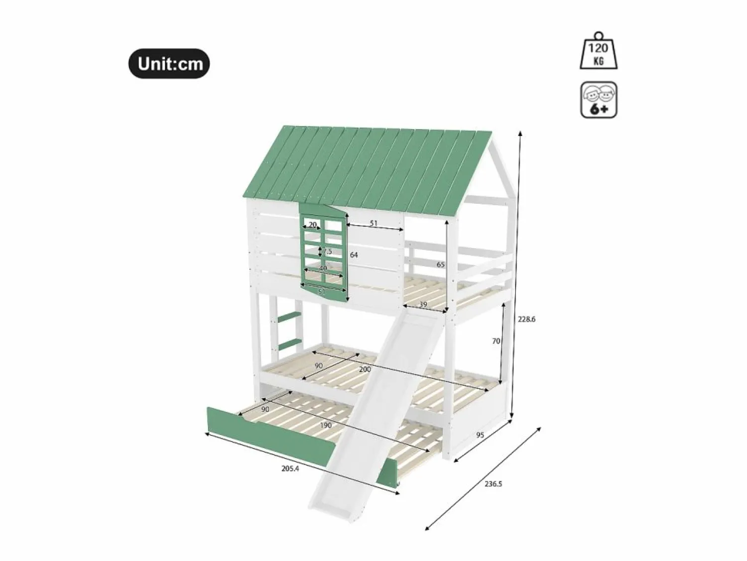 Online Merax Litera infantil - 2 x 90 x 200 cm + 90 x 190 cm - con tobogán + cama nido - MDF + pino - Verde