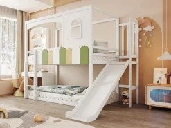 Merax Litera infantil - 2 x 90 x 200 cm - forma de casa - con ventanas + tobogán + escalera - madera -