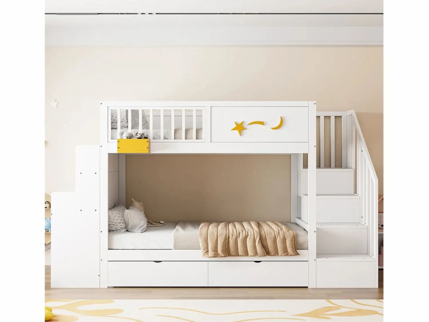 Hot Merax Litera infantil - 2 x 90 x 200 cm - con cajones + escalera de almacenaje + escritorio - pino macizo - Blanco