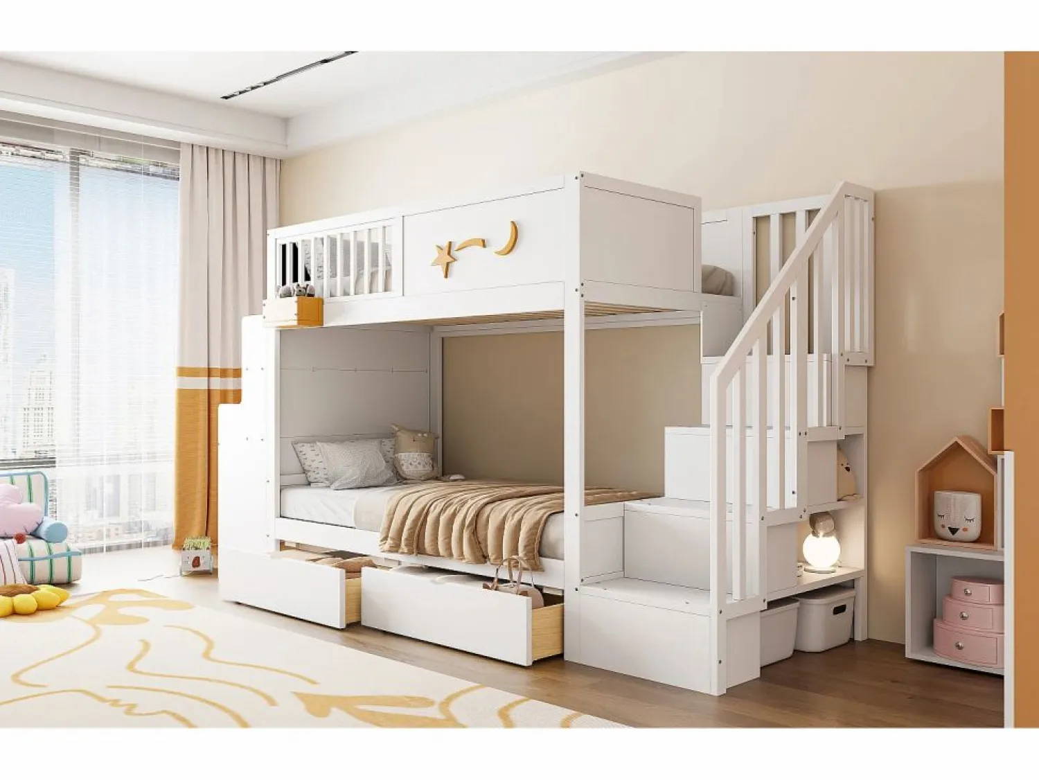 Hot Merax Litera infantil - 2 x 90 x 200 cm - con cajones + escalera de almacenaje + escritorio - pino macizo - Blanco