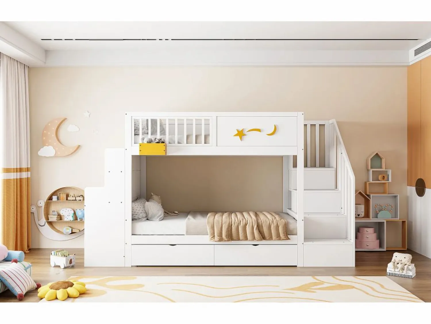 Hot Merax Litera infantil - 2 x 90 x 200 cm - con cajones + escalera de almacenaje + escritorio - pino macizo - Blanco