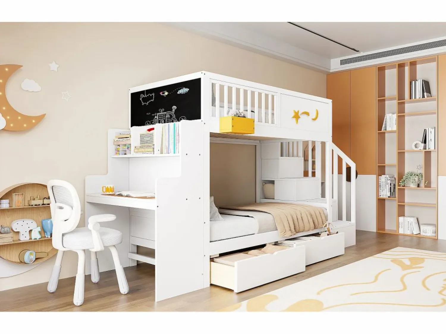 Hot Merax Litera infantil - 2 x 90 x 200 cm - con cajones + escalera de almacenaje + escritorio - pino macizo - Blanco