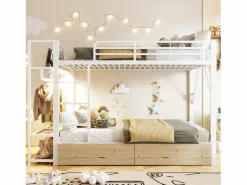 Online Merax Litera infantil - 2 x 140 x 200 cm - estructura de hierro - con 2 cajones + estantes + LED - metal - Blanco