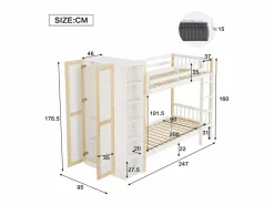 Sale Litera infantil, protección, barandilla, escalera 4 peldaños, 6 estantes, armario lateral, almacenaje, pino+PB, +natural, 90x200cm Blanco