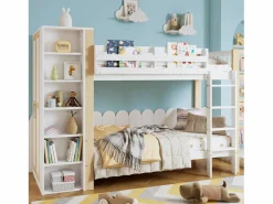 Sale Litera infantil, protección, barandilla, escalera 4 peldaños, 6 estantes, armario lateral, almacenaje, pino+PB, +natural, 90x200cm Blanco