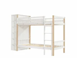Sale Litera infantil, protección, barandilla, escalera 4 peldaños, 6 estantes, armario lateral, almacenaje, pino+PB, +natural, 90x200cm Blanco