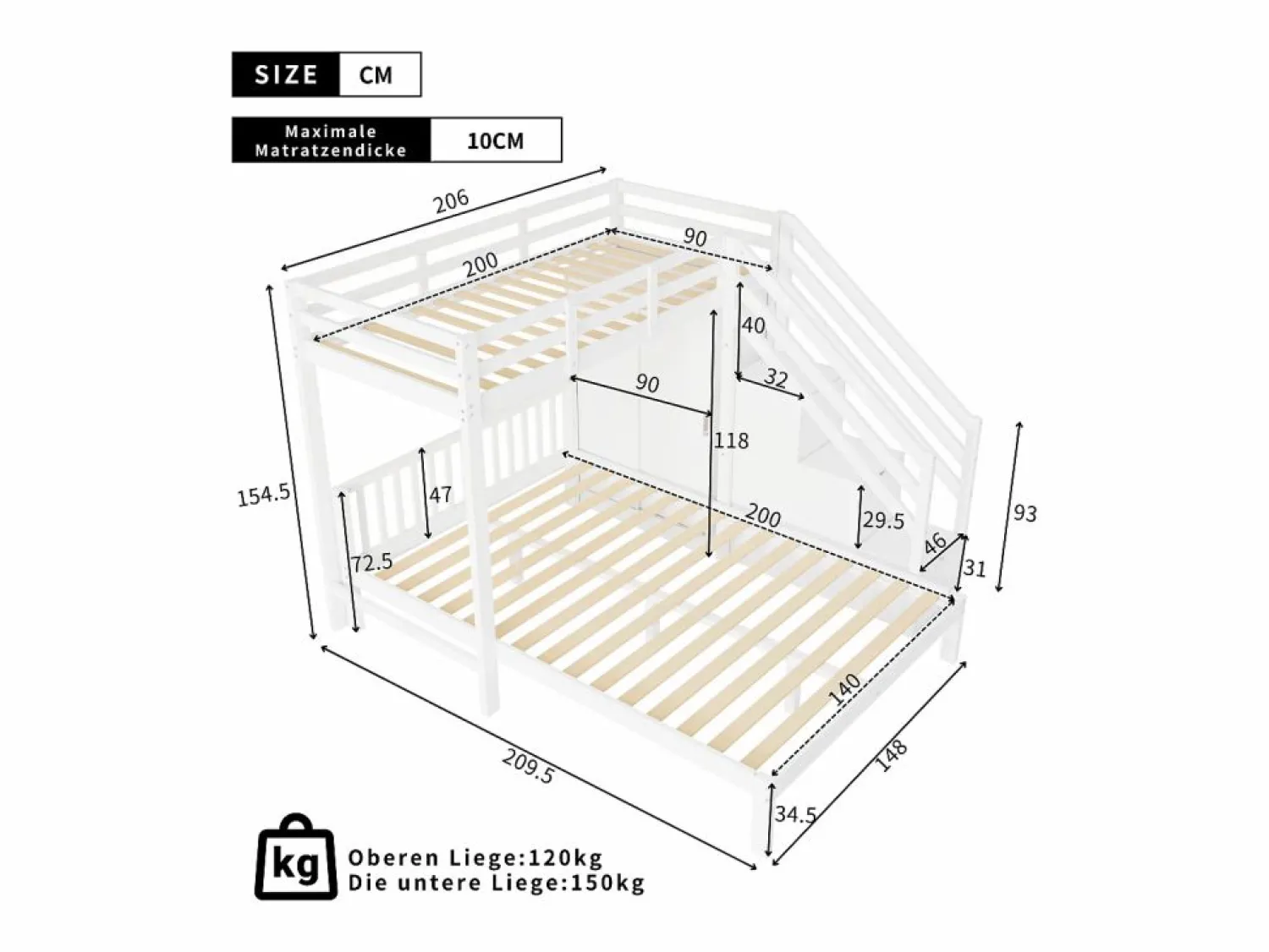 Discount ModernLuxe Litera infantil 90x200 cm + 140x200 cm - con armario y escalera almacenaje - en madera maciza y MDF - Blanco