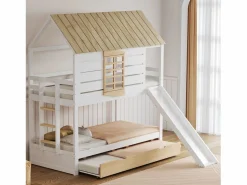 ModernLuxe Litera infantil 90x200cm - con tobogán y cama nido - blanco + natural (sin colchón)