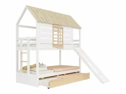 ModernLuxe Litera infantil 90x200cm - con tobogán y cama nido - blanco + natural (sin colchón)