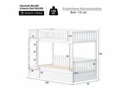 New Litera infantil 90x200cm, blanca, con almacenaje hidráulico, estructura de cama incluida (sin colchón) Cama Litera