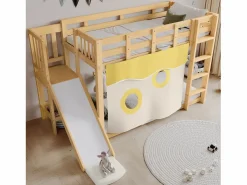 Outlet Litera infantil 90x200cm con escalera, cortinas y tobogán - Madera de pino y MDF - Color natural Cama Litera