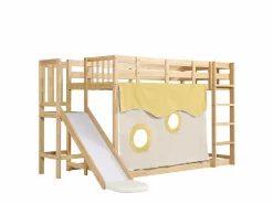 Outlet Litera infantil 90x200cm con escalera, cortinas y tobogán - Madera de pino y MDF - Color natural Cama Litera