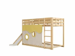 Outlet Litera infantil 90x200cm con escalera, cortinas y tobogán - Madera de pino y MDF - Color natural Cama Litera