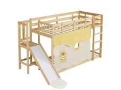 Outlet Litera infantil 90x200cm con escalera, cortinas y tobogán - Madera de pino y MDF - Color natural Cama Litera