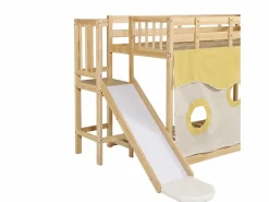 Outlet Litera infantil 90x200cm con escalera, cortinas y tobogán - Madera de pino y MDF - Color natural Cama Litera