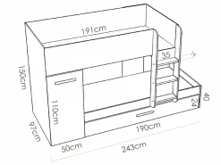 Litera nido y armario 3 x 90 x 190 cm blanco y antracita con colchón ANTHONY Cama Nido|Cama Litera