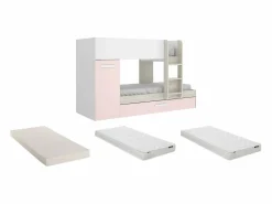 Discount Vente-unique Litera nido y armario 3 x 90 x 190 cm blanco natural y rosa con colchón ANTHONY Rosa palo / Blanco