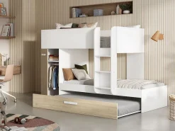 Hot Litera nido y armario 3 x 90 x 190 cm blanco y natural con colchón. ANTHONY Cama Nido|Cama Litera